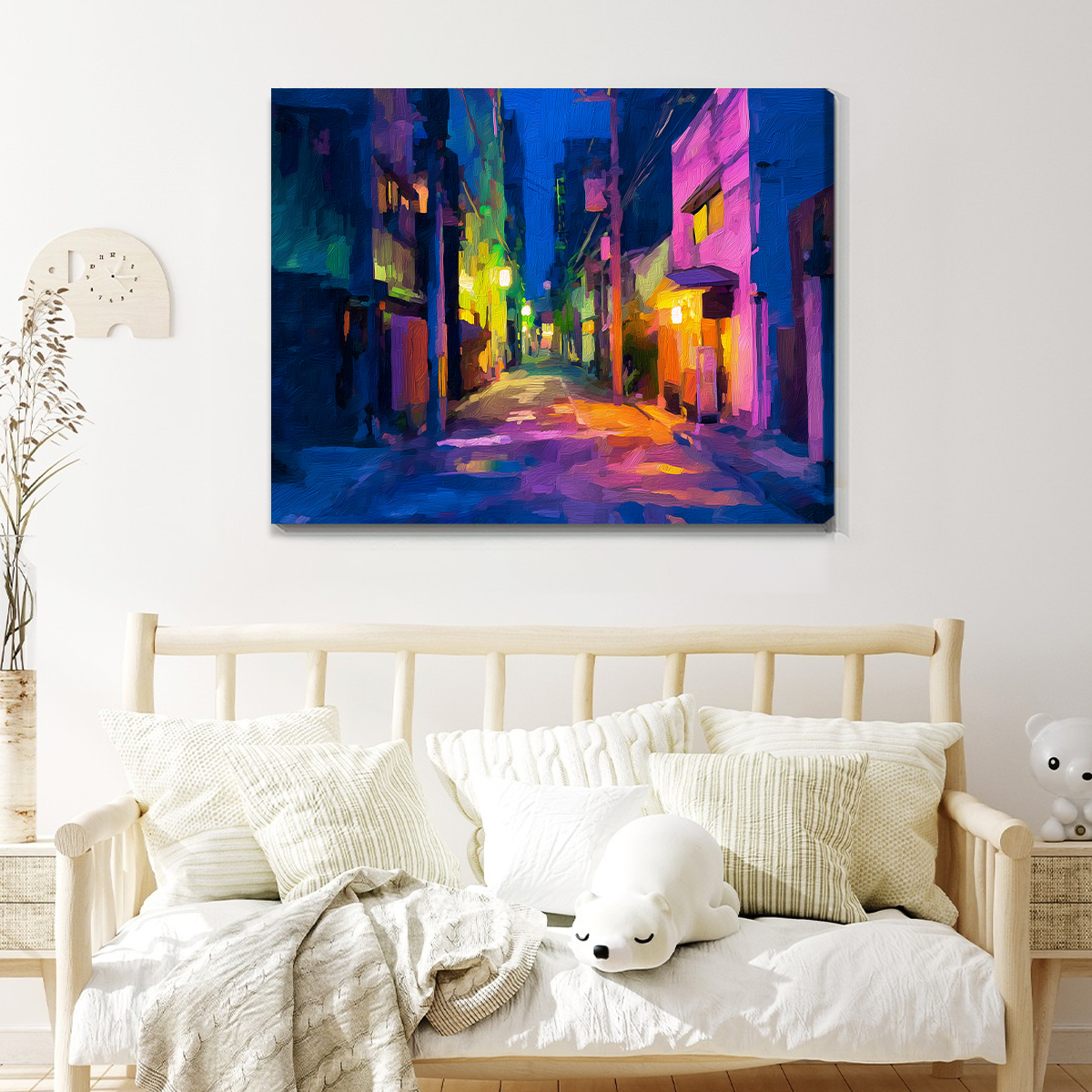 Tokyo Street Night Scene with Bold Neon Colors Canvas Art
